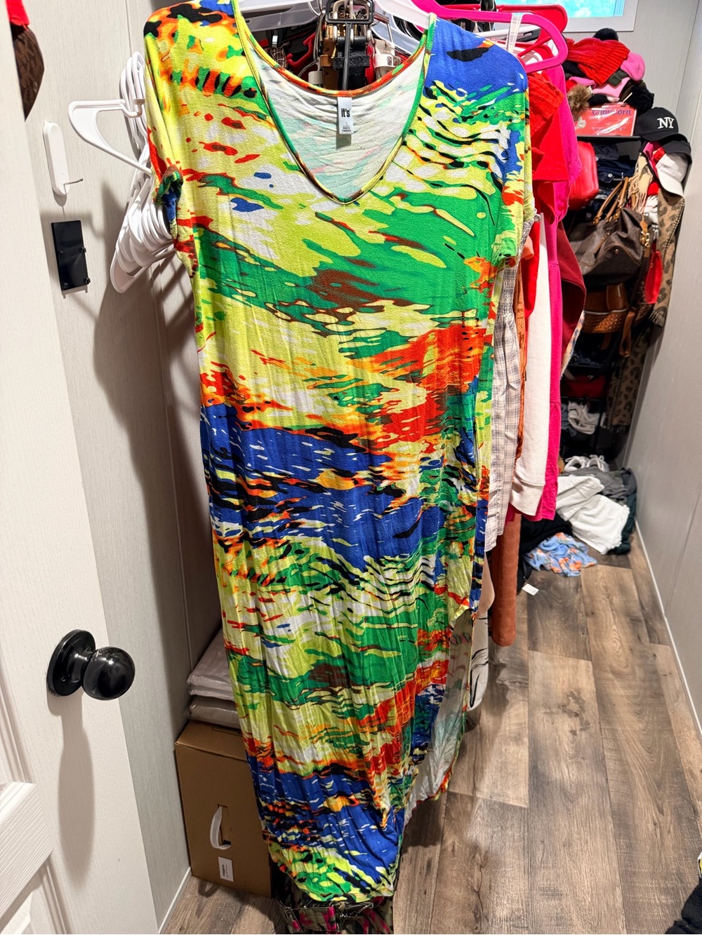 It's Our Time V-Neck Maxi Dress in Green, Blue & Orange Abstract Print